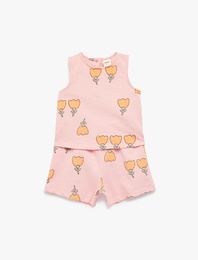 Pamuklu Bisiklet Yaka Çiçekli 2'li Şort ve Tişört Takımı