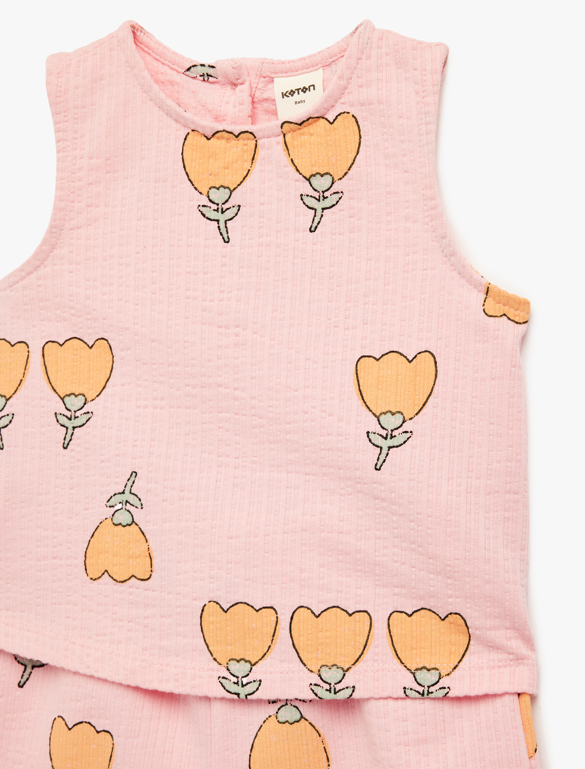  Kız Bebek Pamuklu Bisiklet Yaka Çiçekli 2'li Şort ve Tişört Takımı