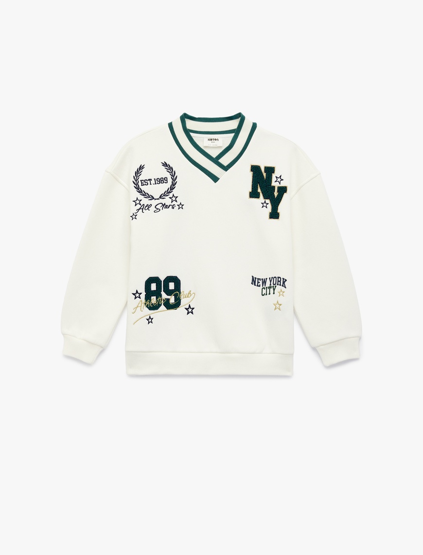 Koton Nakış Detaylı Uzun Kollu V Yaka Sweatshirt