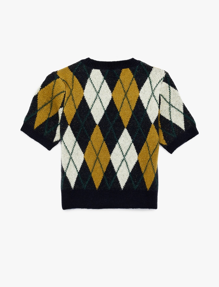  Kısa Kollu Bisiklet Yaka Baklava Desenli Triko Kazak