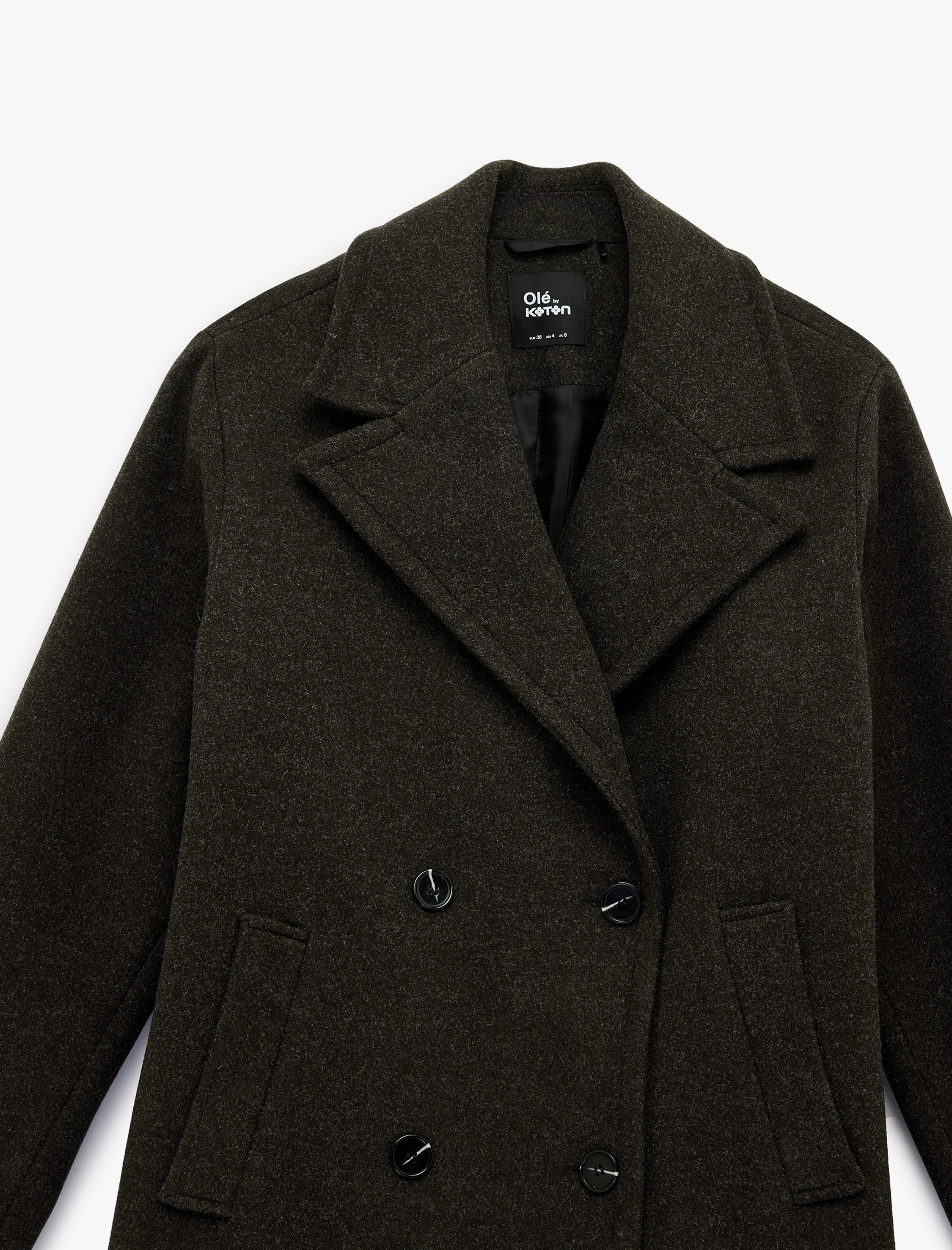   Uzun Kollu Düğmeli Cep Detaylı Kruvaze Yaka Kaban