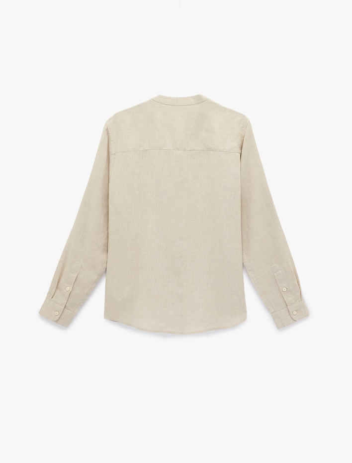  Regular Fit Uzun Kollu Düğmeli Hakim Yaka Keten Gömlek