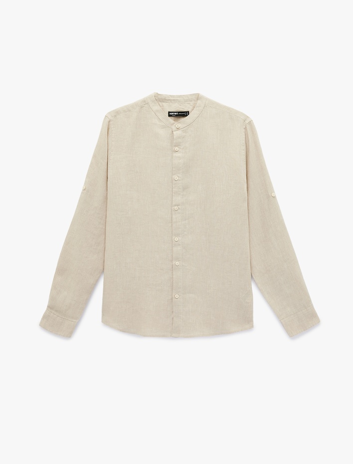  Regular Fit Uzun Kollu Düğmeli Hakim Yaka Keten Gömlek