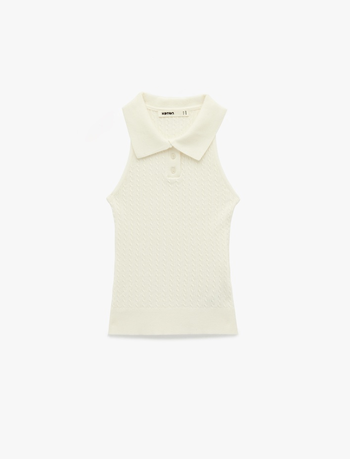  Slim Fit Kolsuz Saç Örgü Düğmeli Polo Yaka Triko Atlet