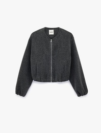 Kaşe Bomber Ceket Crop Bisiklet Yaka Fermuarlı Cepli Uzun Kollu