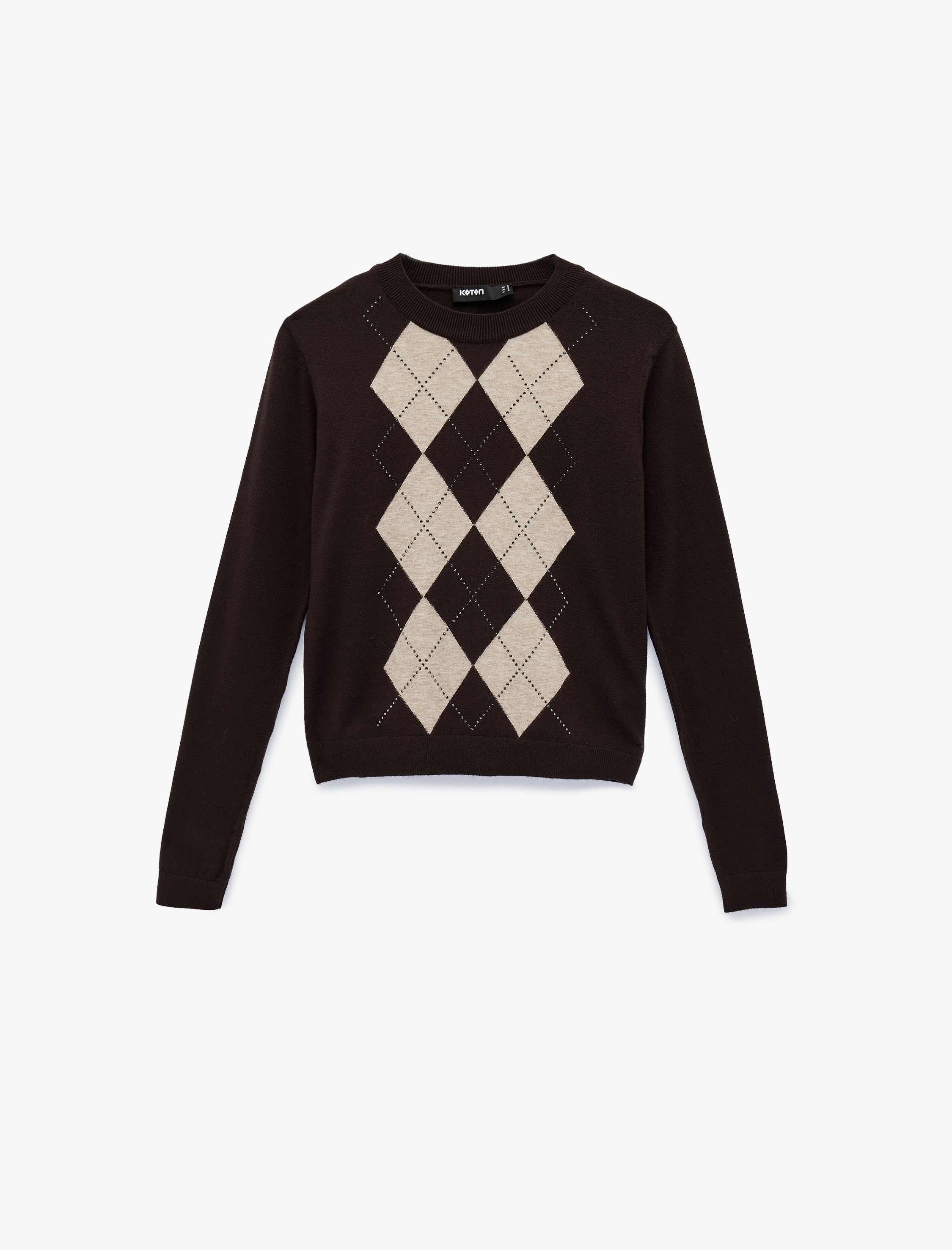   Uzun Kollu Bisiklet Yaka Taşlı Baklava Desenli Triko Kazak