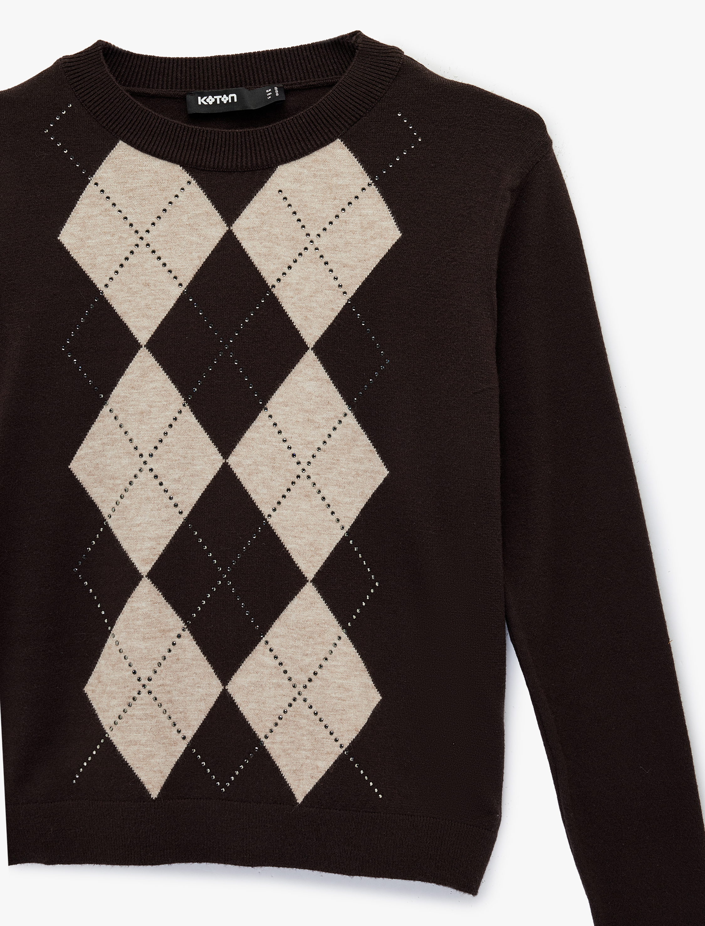   Uzun Kollu Bisiklet Yaka Taşlı Baklava Desenli Triko Kazak