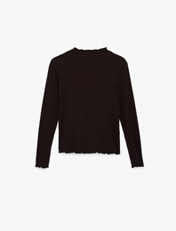 Viskon Kumaş Slim Fit Uzun Kollu Hafif Dik Yaka Dokulu Tişört