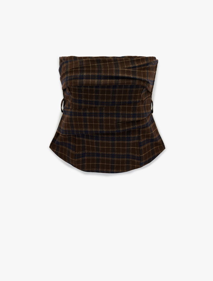  Gipeli Drape Detaylı Straplez Ekose Crop Bluz