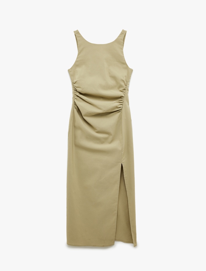  Slim Fit Kolsuz Yuvarlak Yaka Yırtmaçlı Askılı Midi Boy Elbise