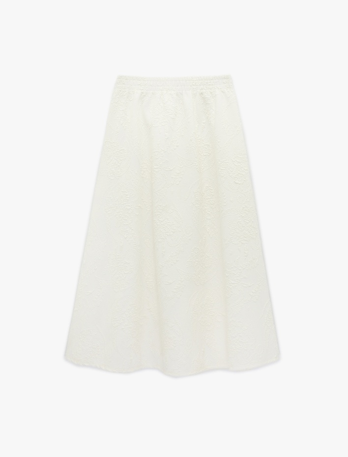  Beli Lastikli A Kesim Midi Floral Dokulu Etek