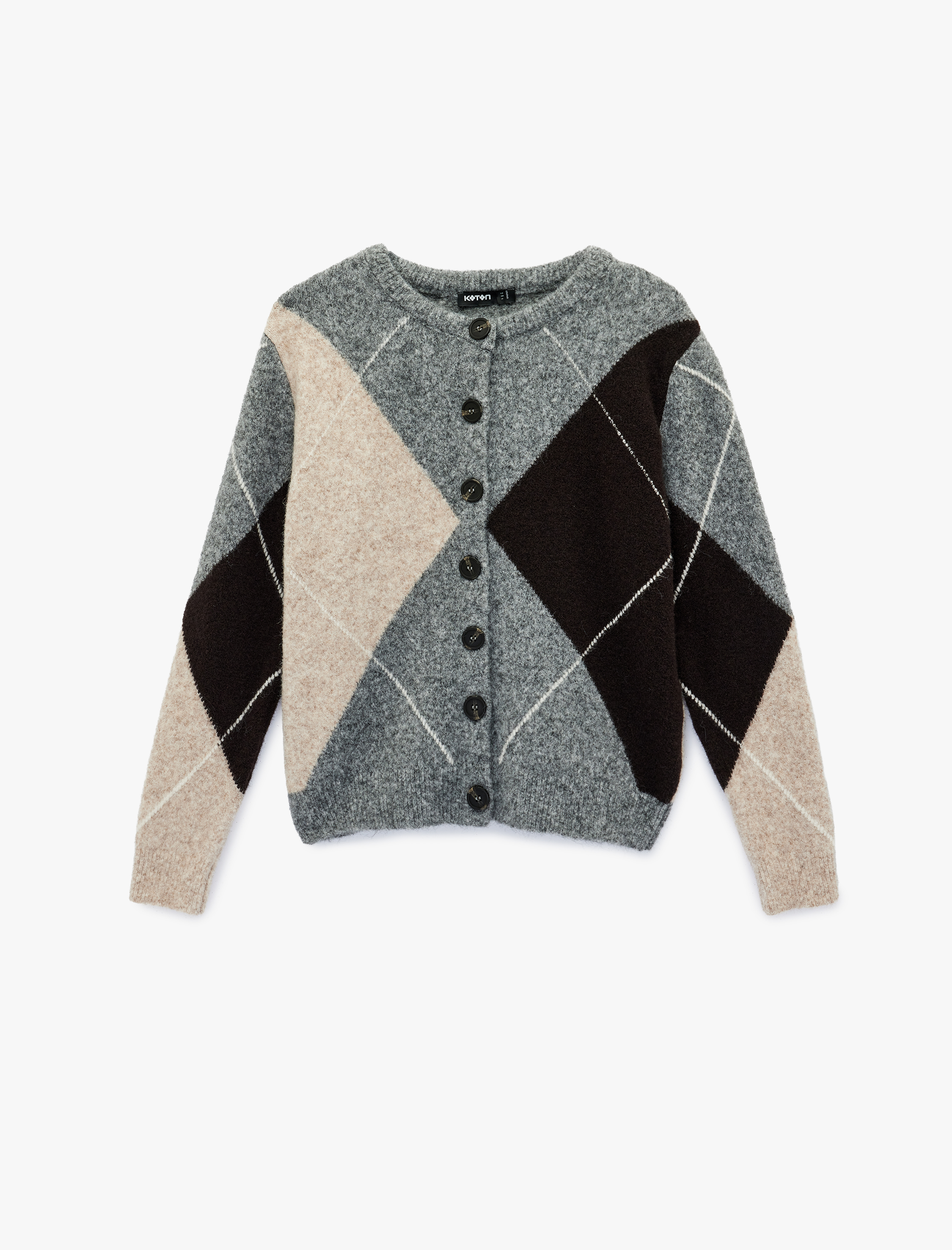   Uzun Kollu Düğmeli Bisiklet Yaka Baklava Desenli Triko Hırka