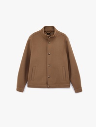 Regular Fit Uzun Kollu Düğmeli Dik Yaka Kaşe Ceket