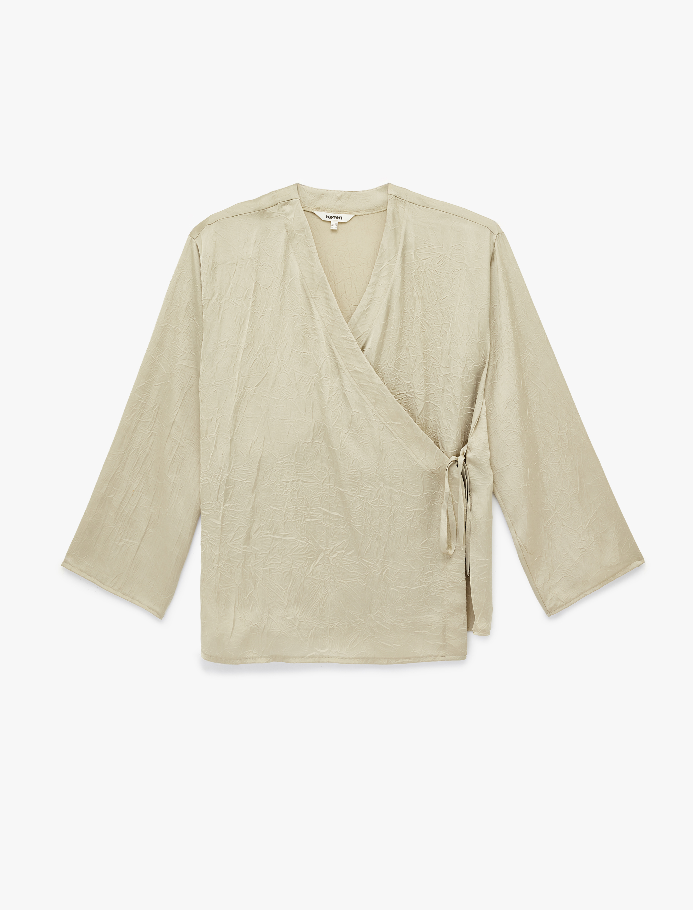   Bol Kalıp Uzun Kollu Bağlama Detaylı Kruvaze Dokulu Saten Kimono