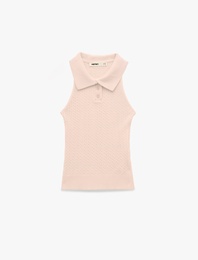 Slim Fit Kolsuz Saç Örgü Düğmeli Polo Yaka Triko Atlet