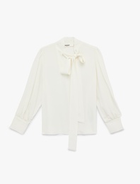 Bağlama Detaylı Viskon Uzun Kollu Fular Yaka Bluz
