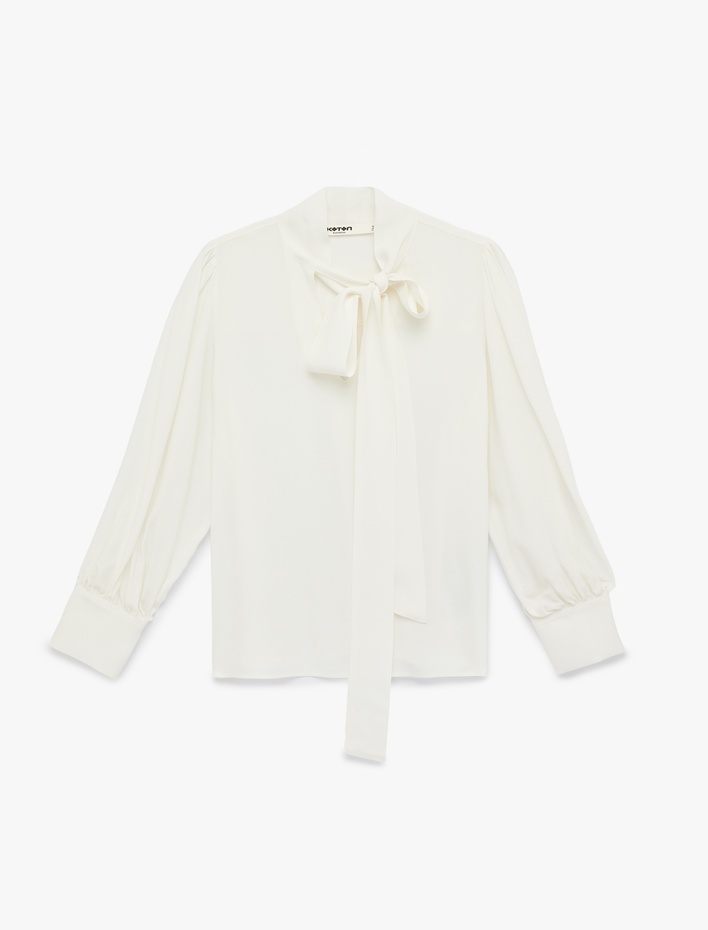  Bağlama Detaylı Viskon Uzun Kollu Fular Yaka Bluz