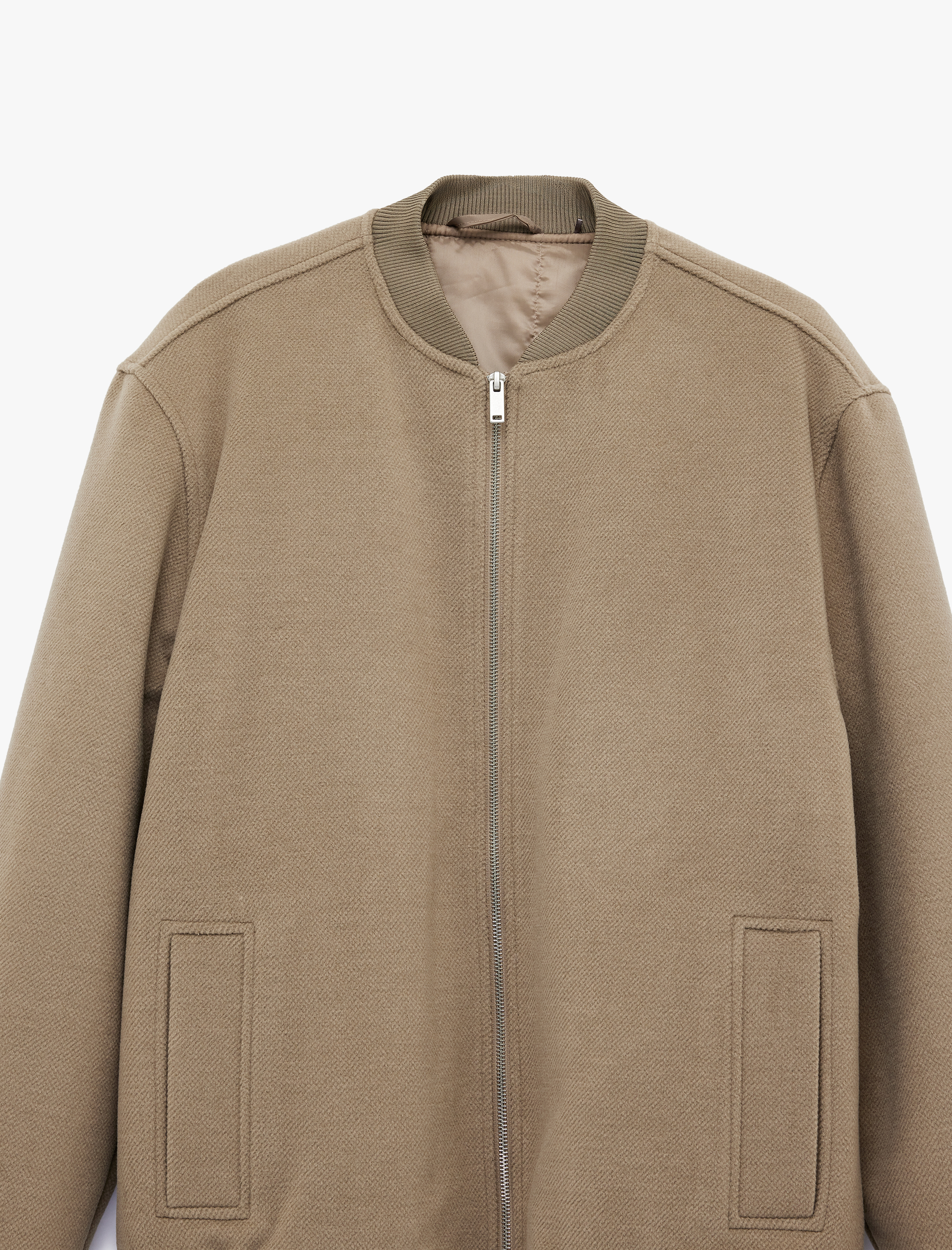   Uzun Kollu Cepli Fermuarlı Kaşe Bomber Ceket