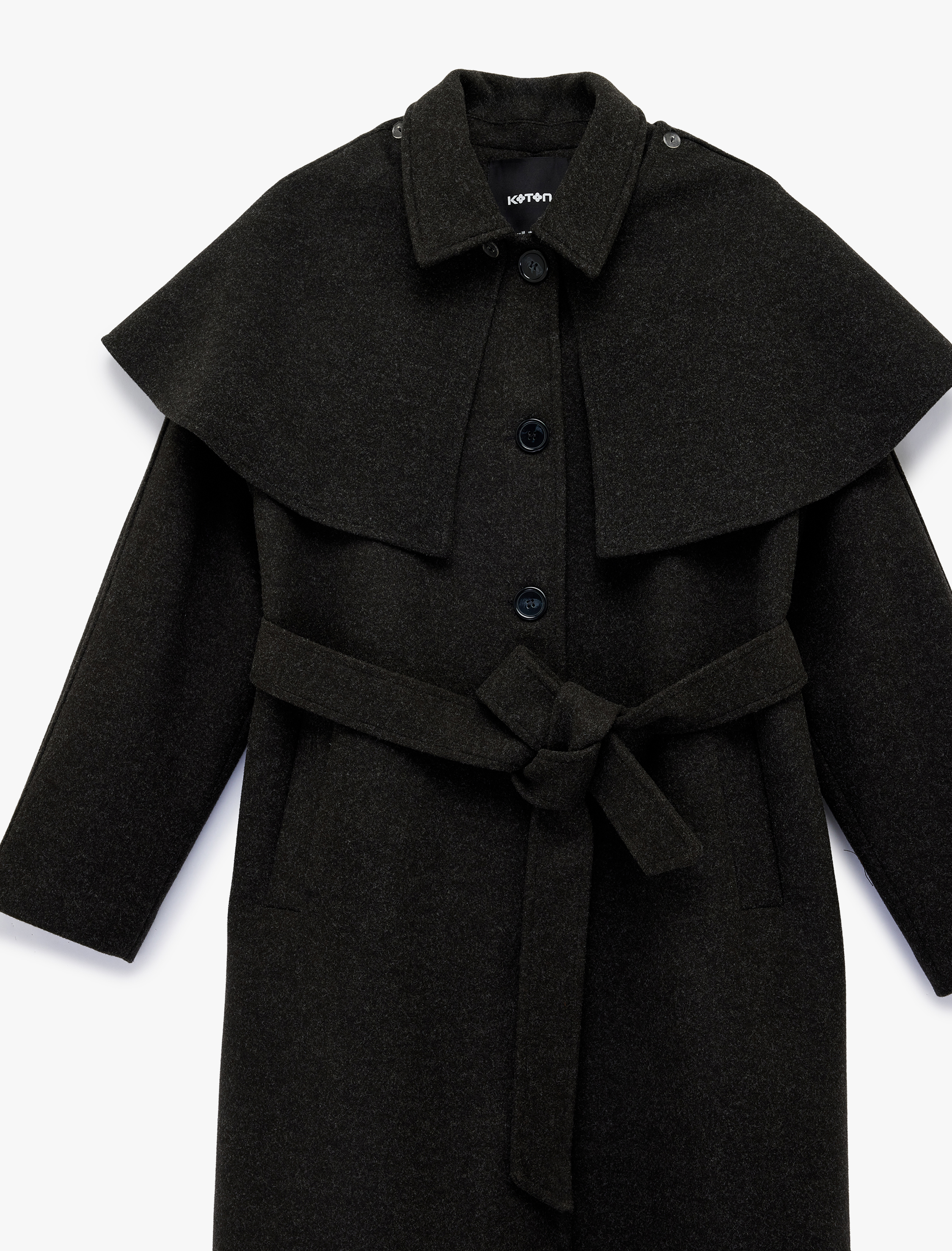   Çıkarılabilir Pelerin Yaka Kaşe Kaban Kemerli Uzun Kollu Düğmeli Cepli