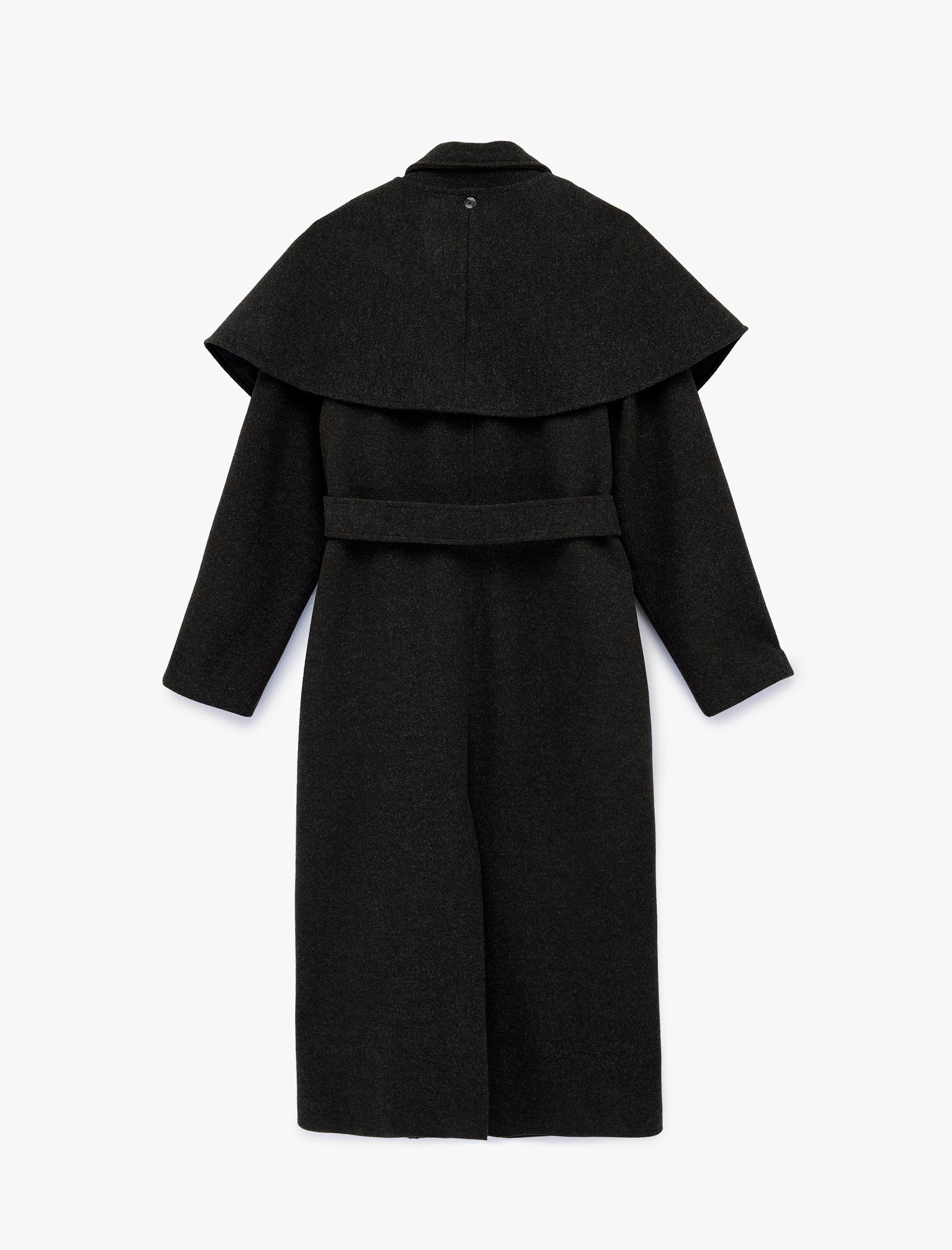   Çıkarılabilir Pelerin Yaka Kaşe Kaban Kemerli Uzun Kollu Düğmeli Cepli