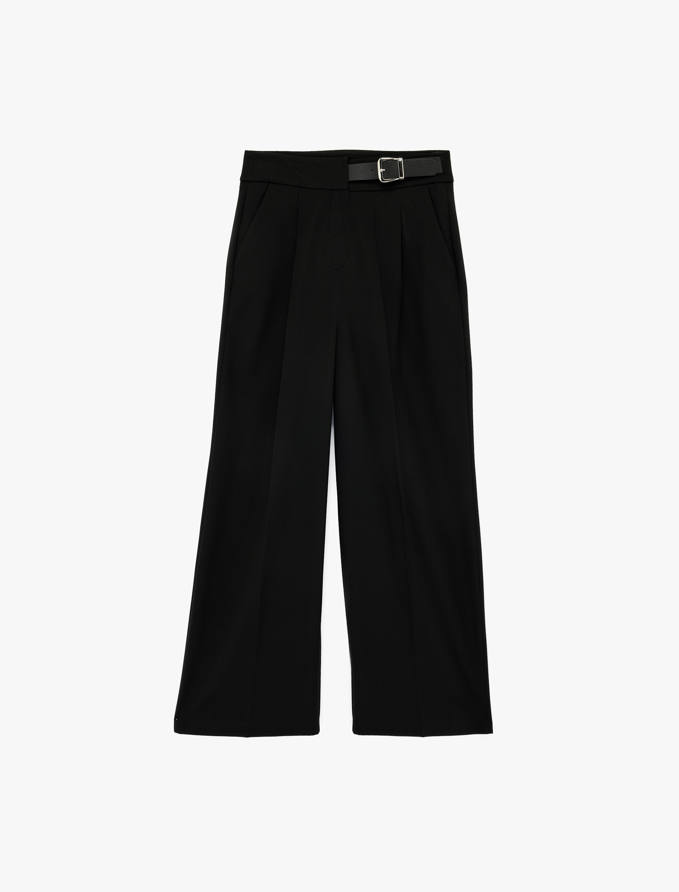   Yarım Kemer Detaylı Pileli Cepli Geniş Paça Kumaş Pantolon