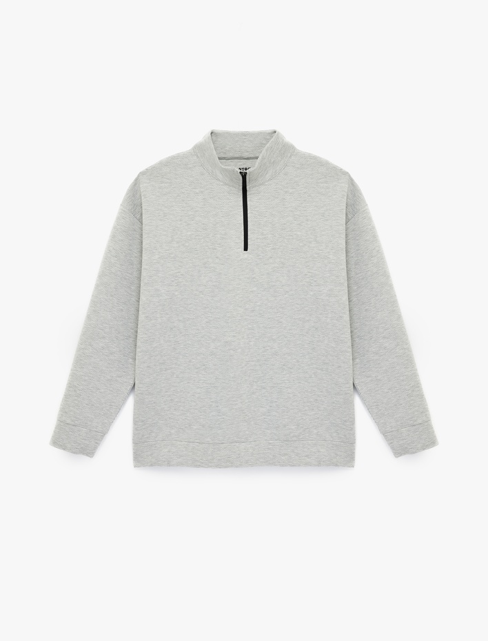  Uzun Kollu Viskon Karışımlı Yarım Fermuarlı Dik Yaka Spor Sweatshirt