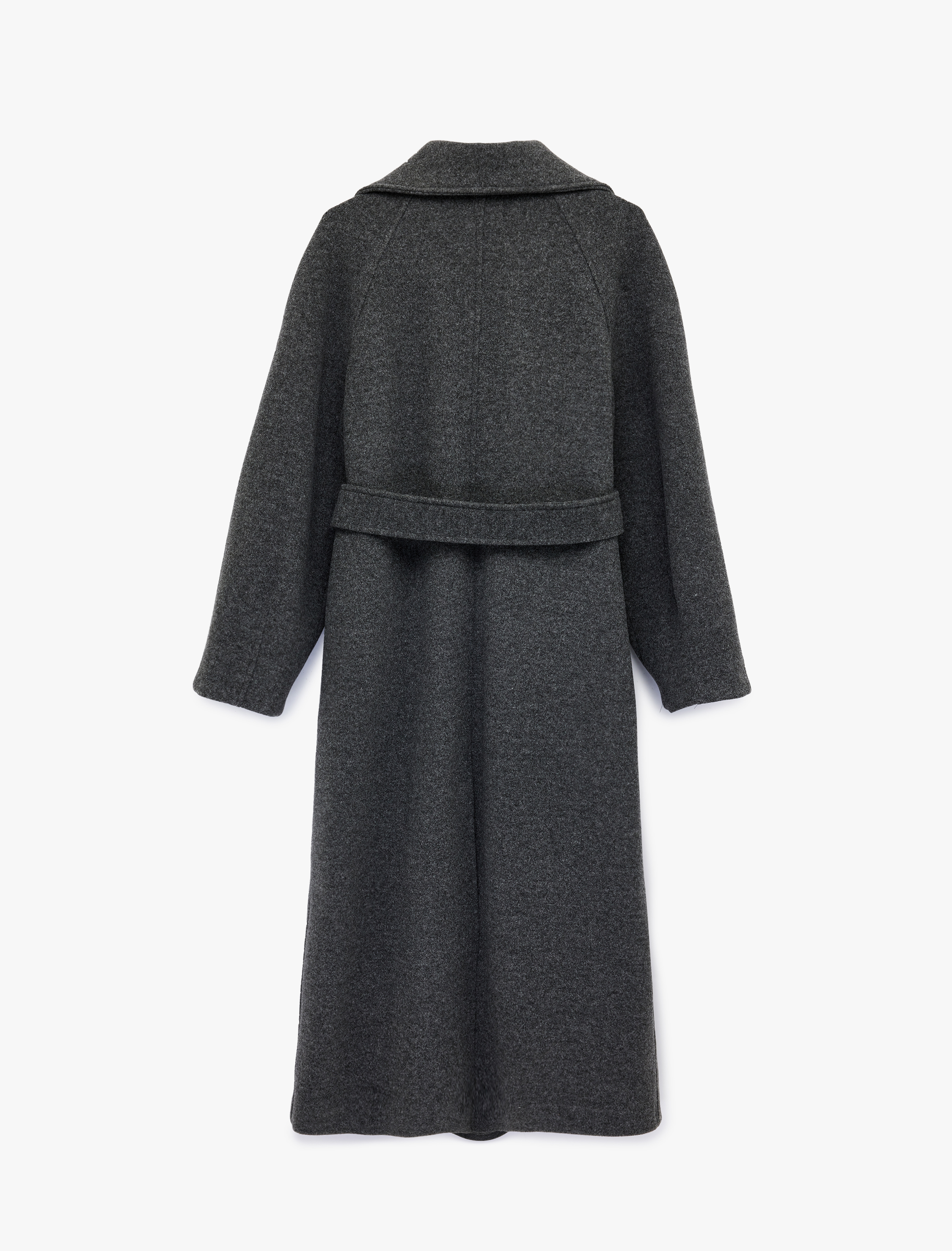   Uzun Kollu Cepli Kruvaze Dik Yaka Kemerli Uzun Kaşe Kaban