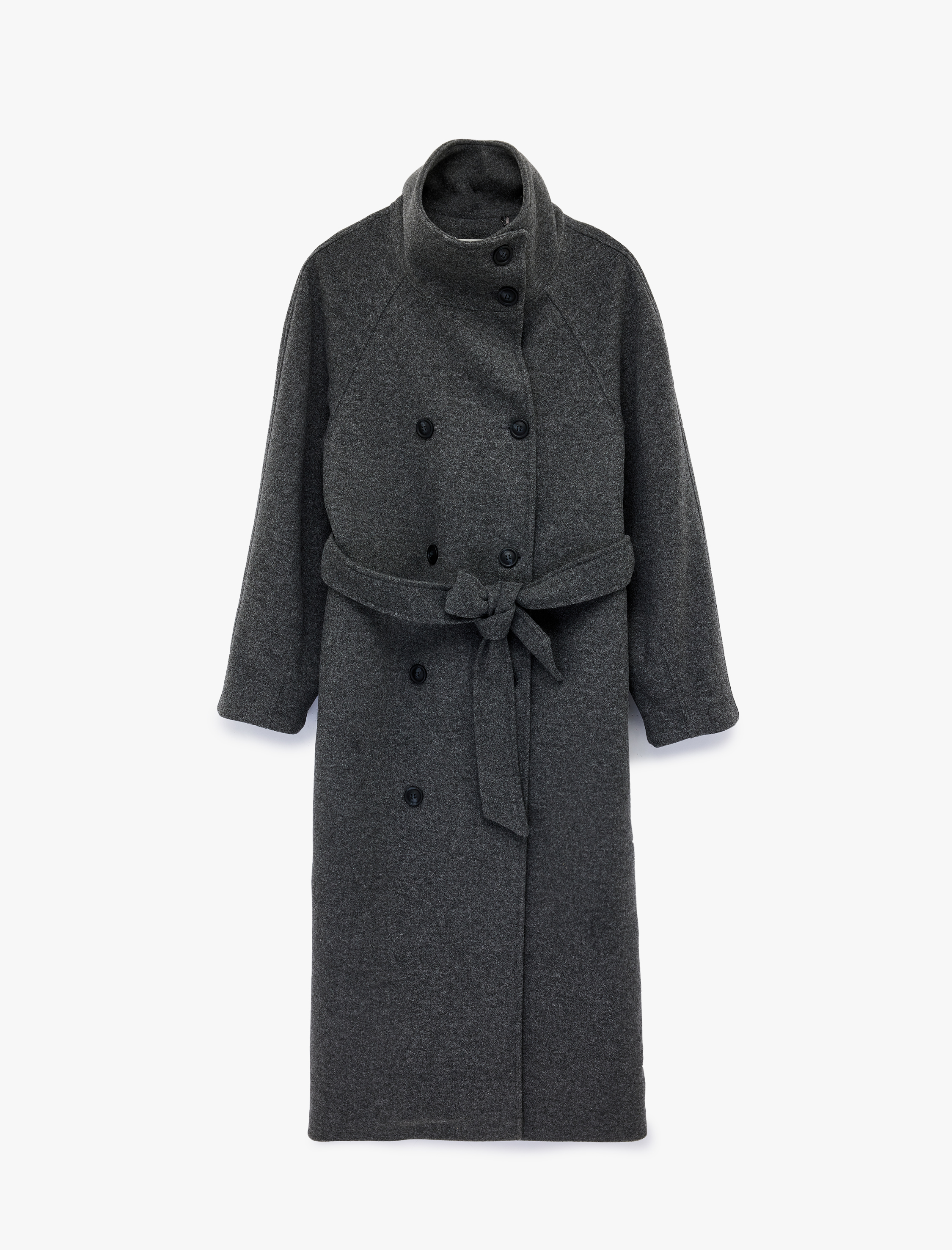   Uzun Kollu Cepli Kruvaze Dik Yaka Kemerli Uzun Kaşe Kaban