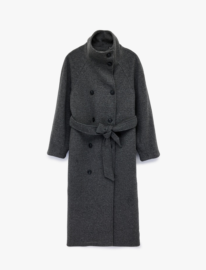  Uzun Kollu Cepli Kruvaze Dik Yaka Kemerli Uzun Kaşe Kaban