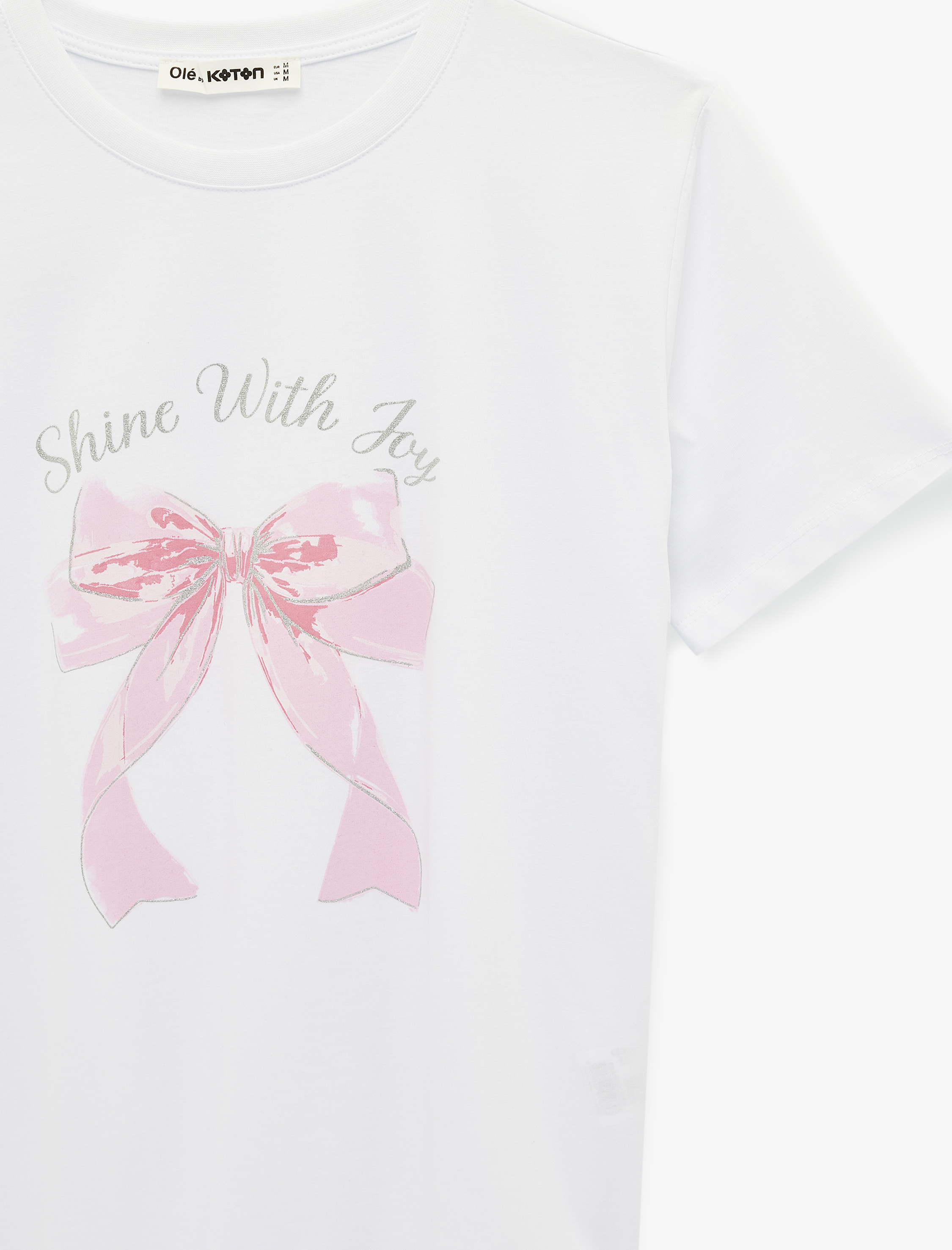   Pamuklu Kısa Kollu Bisiklet Yaka Fiyonk Baskılı Tişört