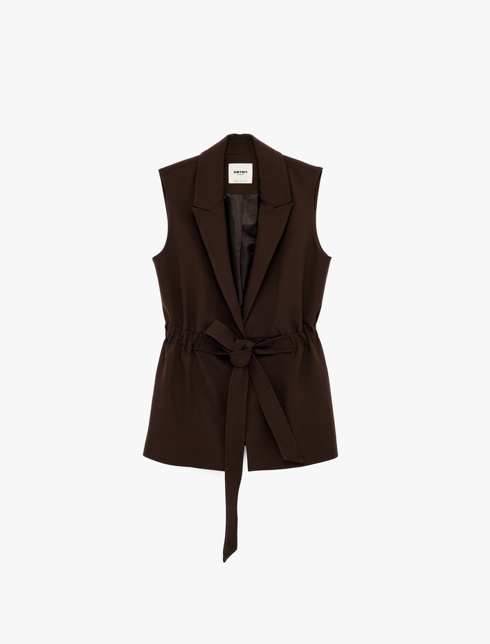  Viskon Karışımlı Kruvaze Yaka Kolsuz Beli Lastikli Kemer Detaylı Yelek