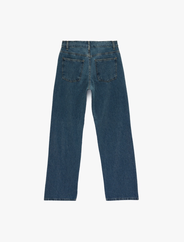  Cepli Uzun Düz Paça Taşlı Jean Pantolon - Straight Fit Jean
