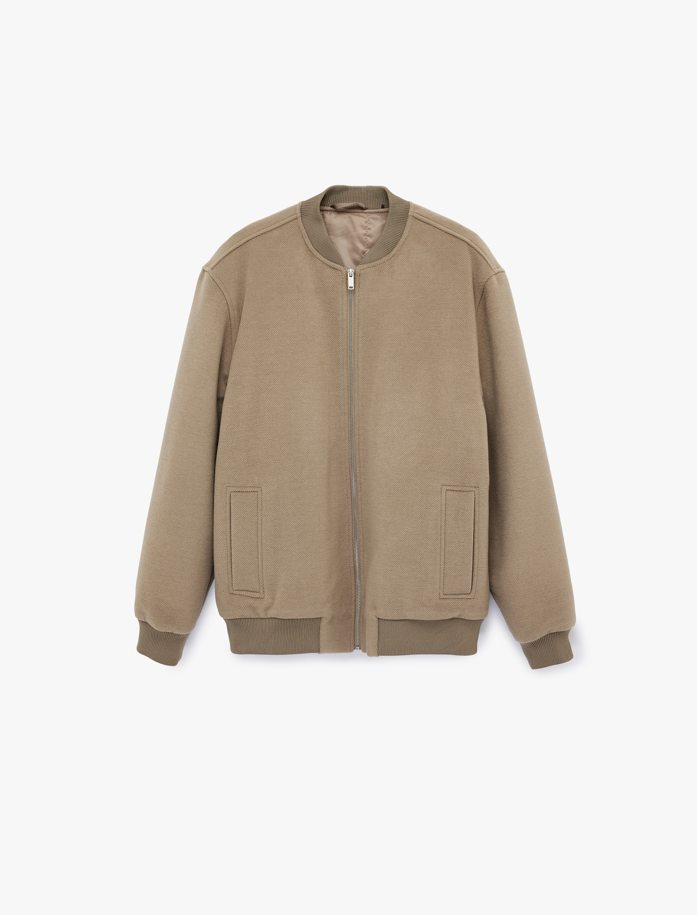   Uzun Kollu Cepli Fermuarlı Kaşe Bomber Ceket