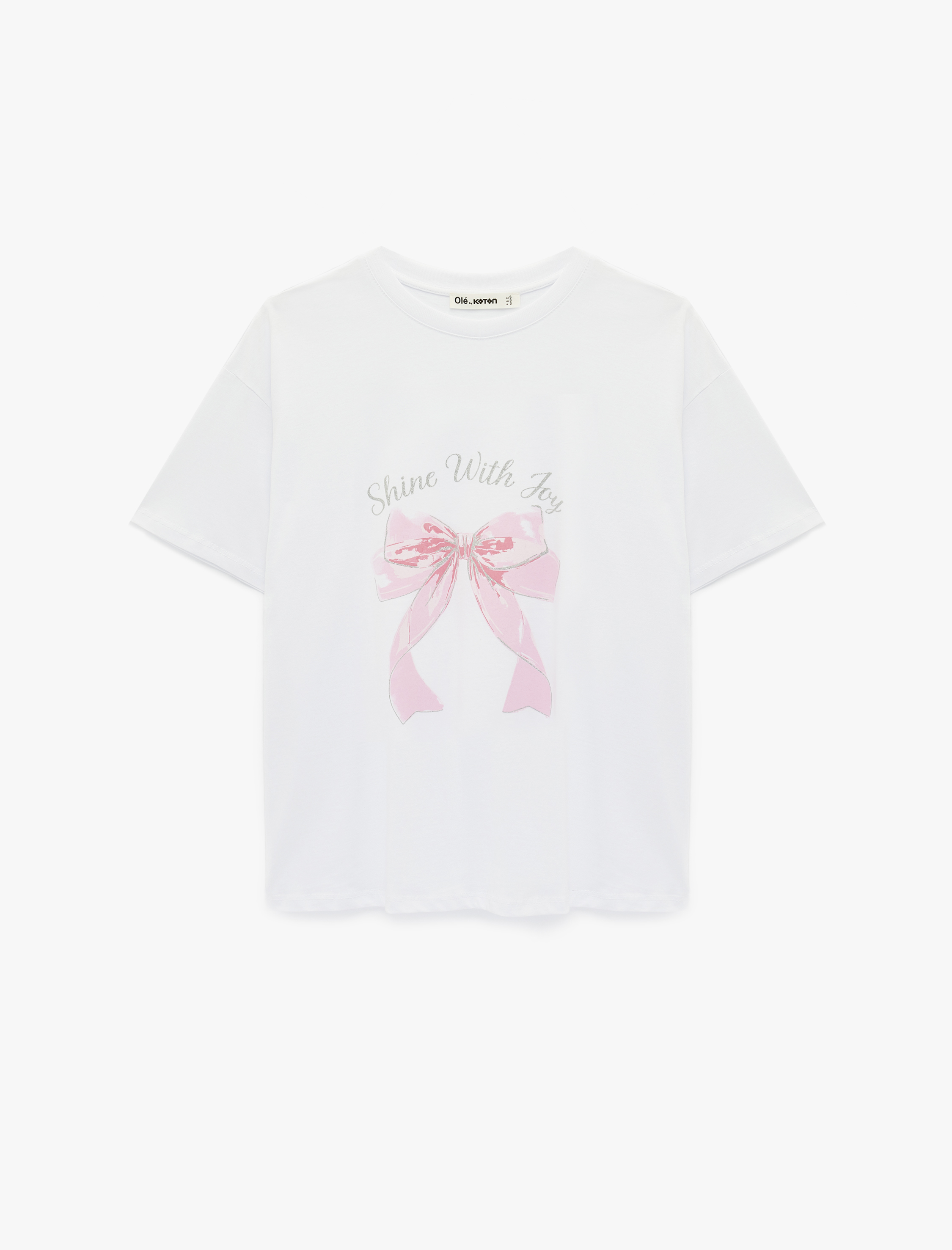   Pamuklu Kısa Kollu Bisiklet Yaka Fiyonk Baskılı Tişört