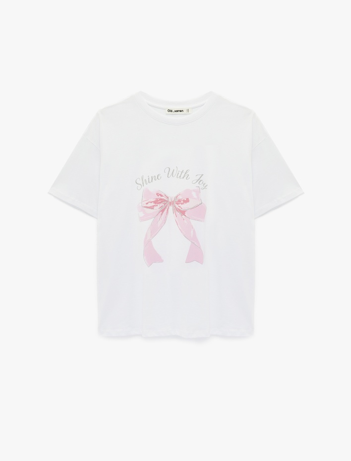  Pamuklu Kısa Kollu Bisiklet Yaka Fiyonk Baskılı Tişört