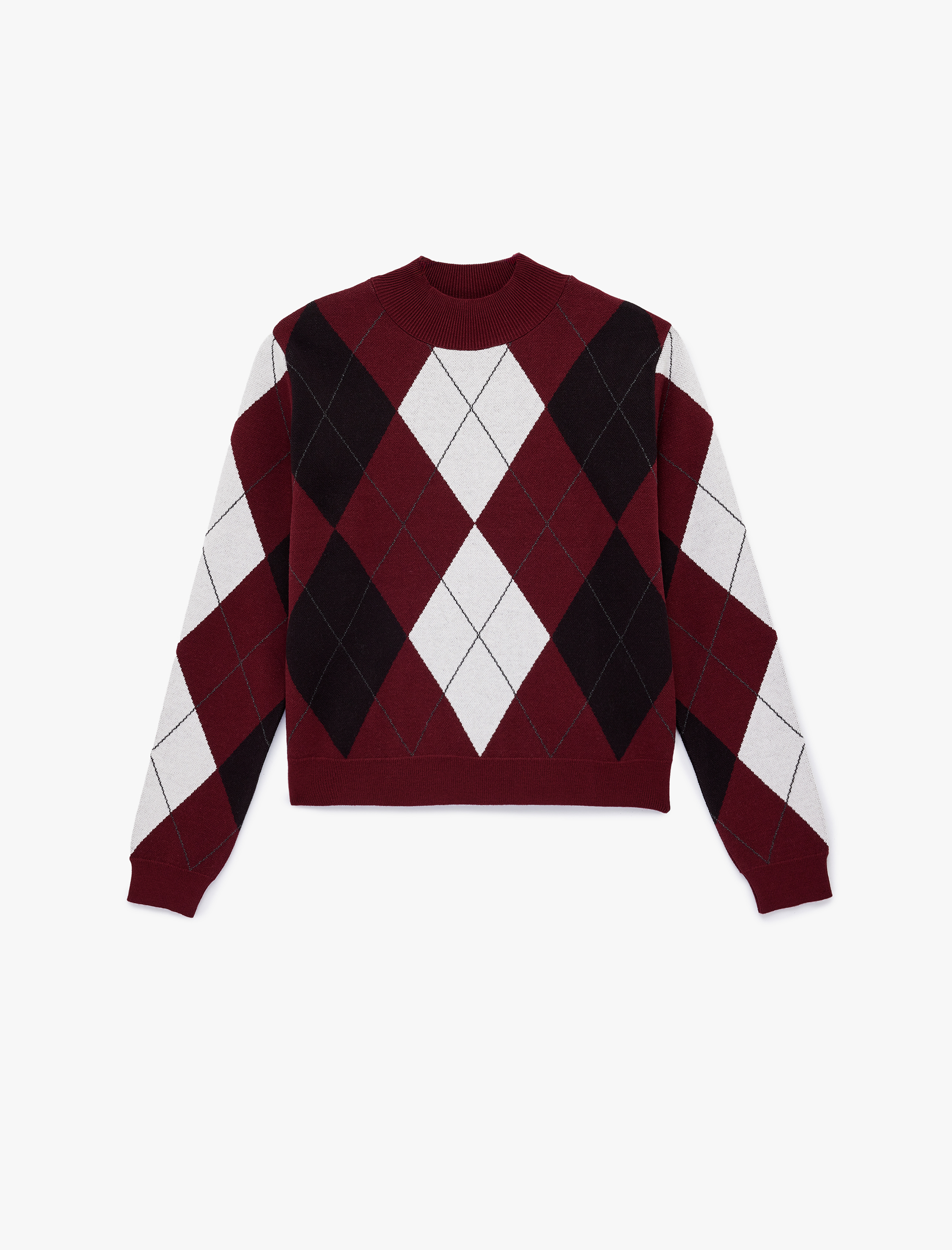   Uzun Kollu Hafif Dik Yaka Baklava Desenli Triko Kazak