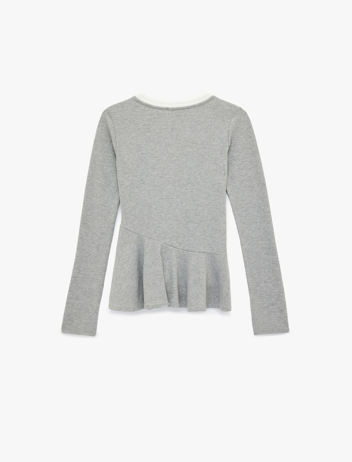  Slim Fit Volanlı Bisiklet Yaka Biyeli Düğmeli Uzun Kollu Tişört