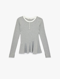 Slim Fit Volanlı Bisiklet Yaka Biyeli Düğmeli Uzun Kollu Tişört