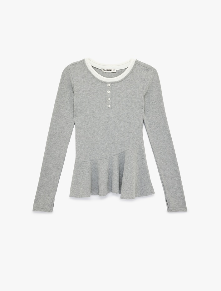  Slim Fit Volanlı Bisiklet Yaka Biyeli Düğmeli Uzun Kollu Tişört