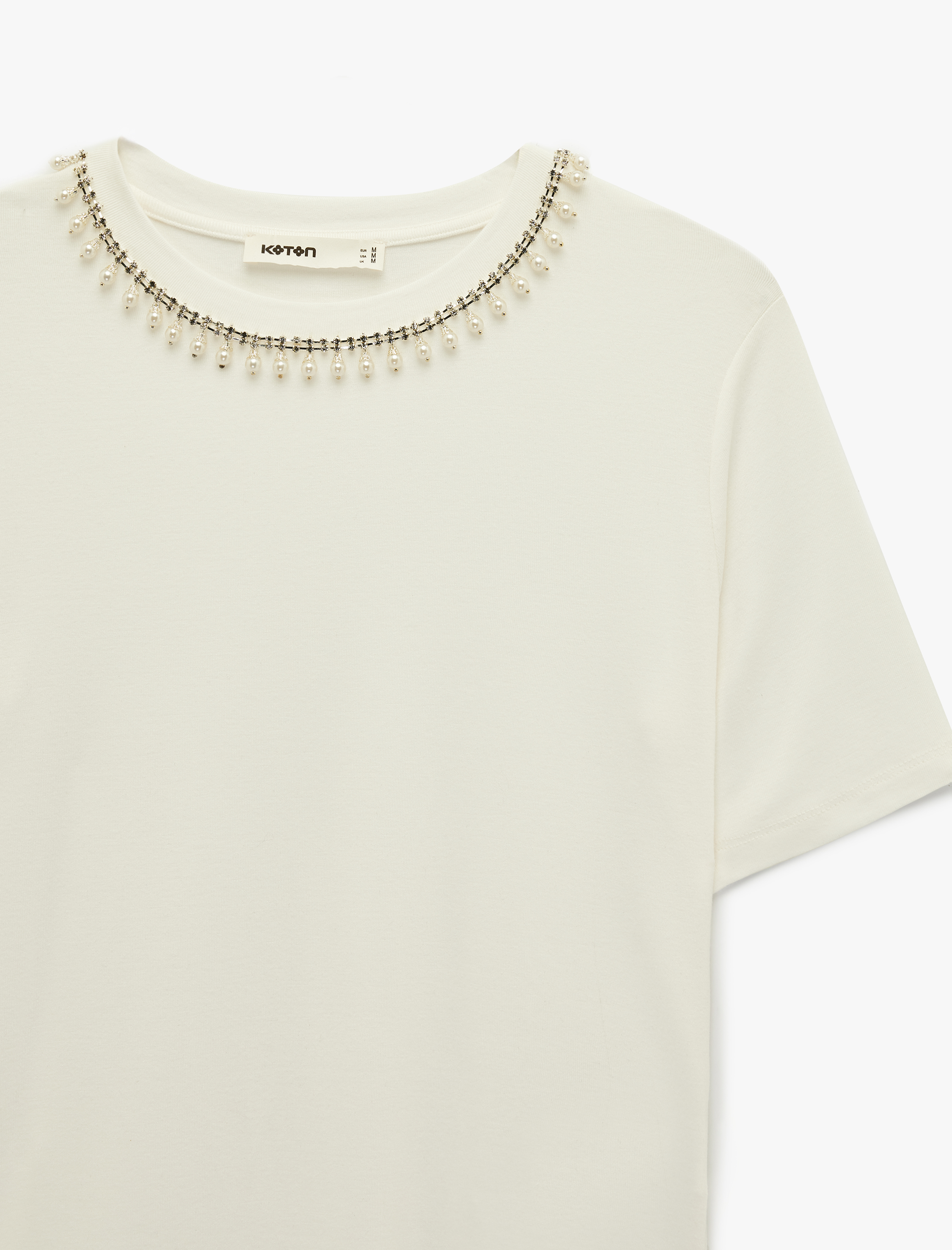   Regular Fit Kısa Kollu İnci Detaylı Bisiklet Yaka Viskon Tişört