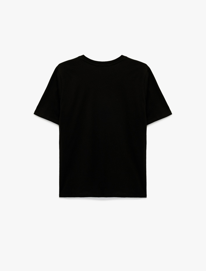  Pamuklu Baskı Detaylı Kısa Kollu Bisiklet Yaka Tişört