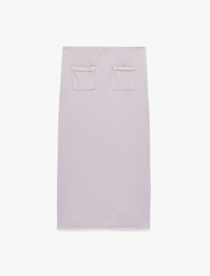  İnci Detaylı Cepli Midi Yırtmaçlı Kalem Etek