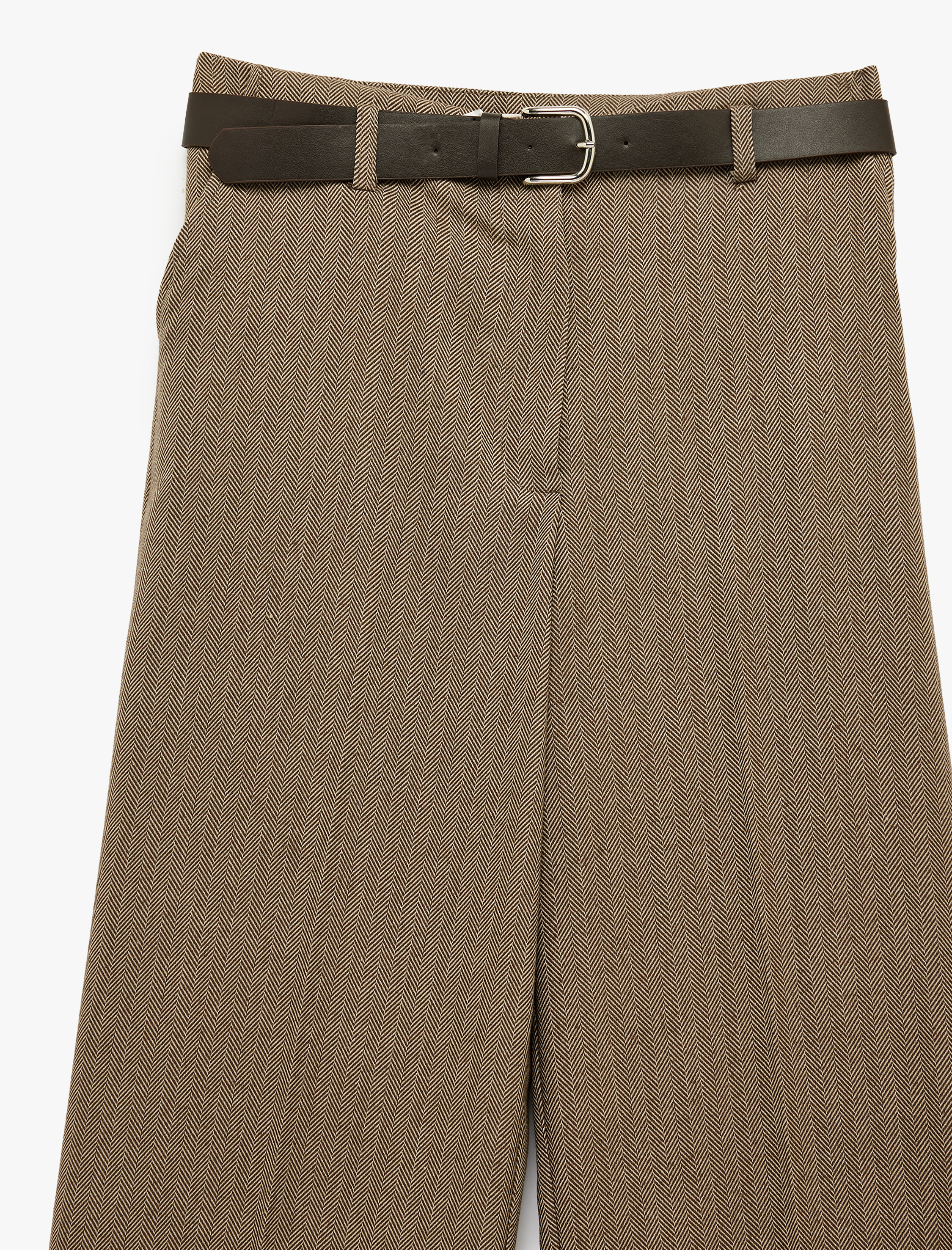   Flanel Kumaş Cepli Kemerli Düz Bol Paça Kumaş Kışlık Pantolon