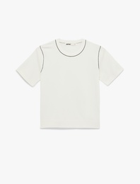 Çizgi Detaylı Kısa Kollu Bisiklet Yaka Triko Kazak