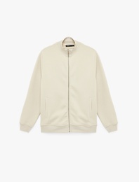 Şardonlu Uzun Kollu Cep Detaylı Basic Fermuarlı Hırka