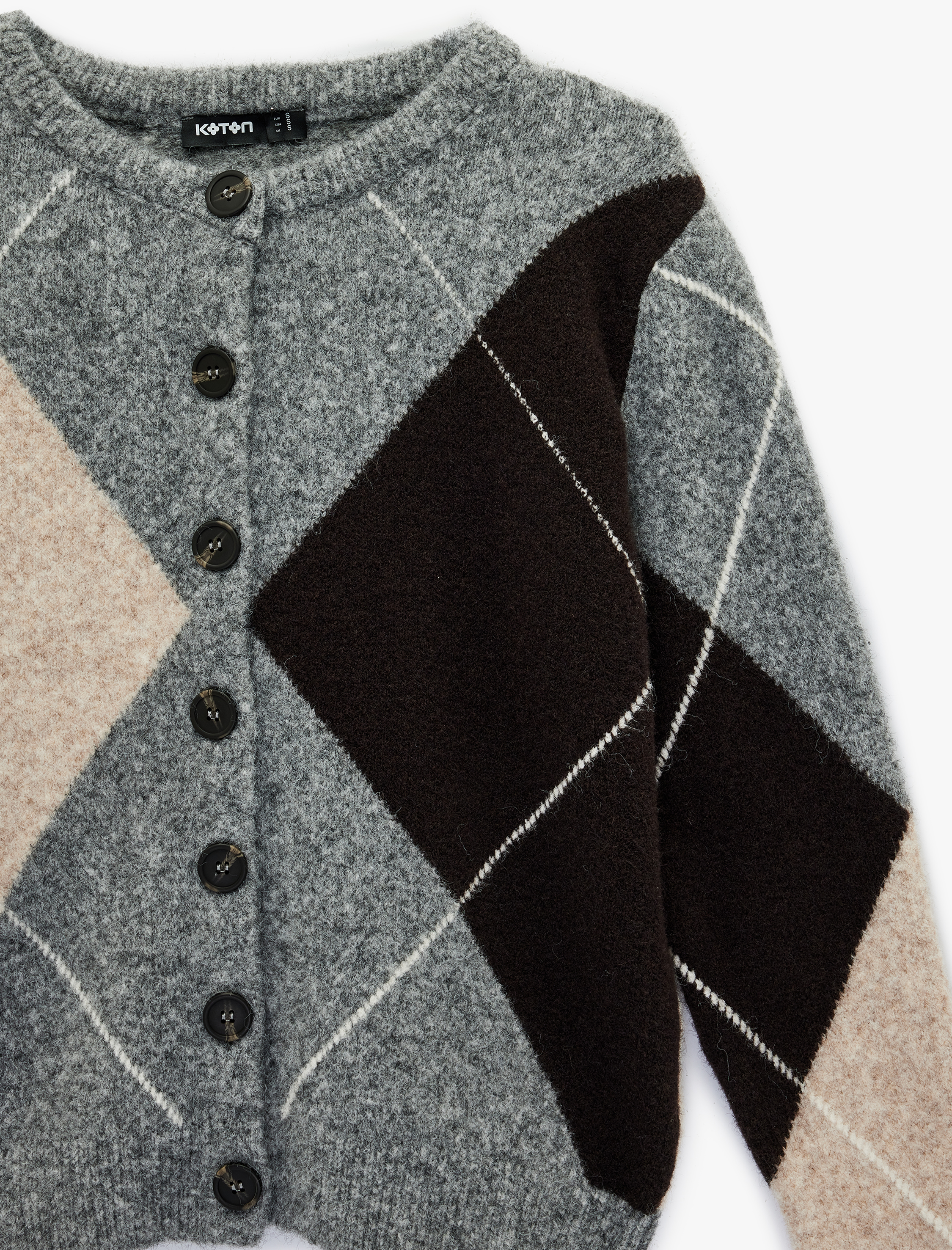   Uzun Kollu Düğmeli Bisiklet Yaka Baklava Desenli Triko Hırka