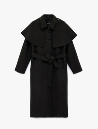 Çıkarılabilir Pelerin Yaka Kaşe Kaban Kemerli Uzun Kollu Düğmeli Cepli