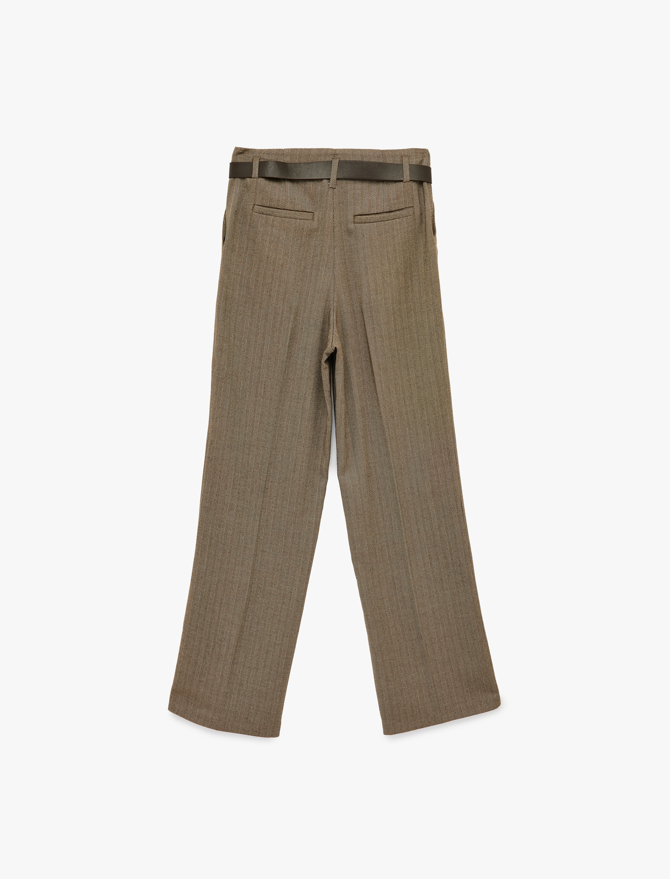   Flanel Kumaş Cepli Kemerli Düz Bol Paça Kumaş Kışlık Pantolon