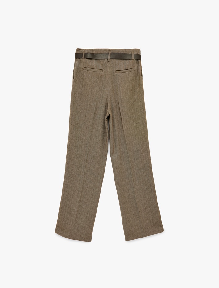  Flanel Kumaş Cepli Kemerli Düz Bol Paça Kumaş Kışlık Pantolon