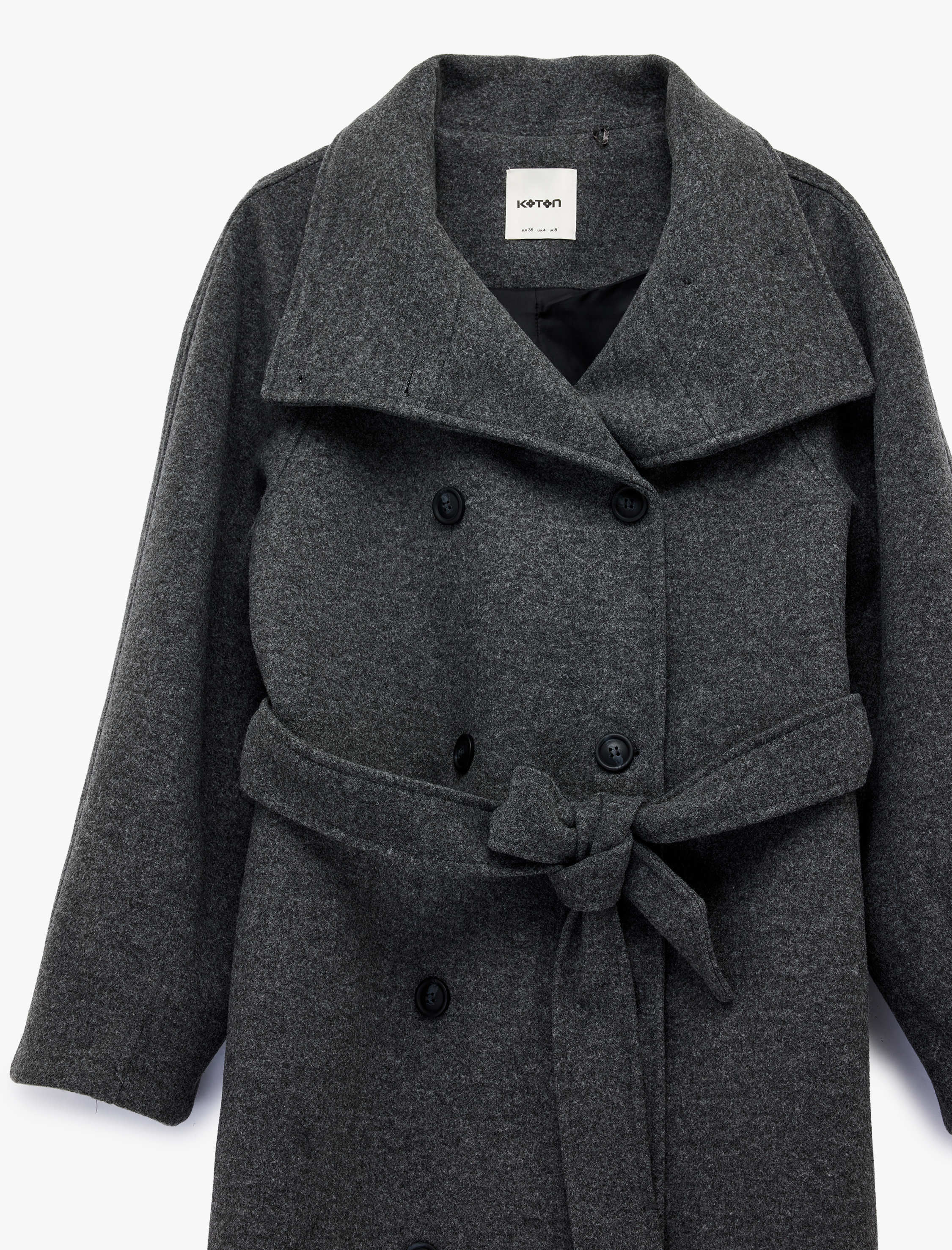   Uzun Kollu Cepli Kruvaze Dik Yaka Kemerli Uzun Kaşe Kaban